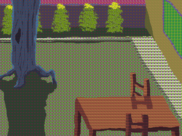 A stylized, pixelated or pointillist digital artwork depicting a wooden table and chairs on a patio, with a dark tree silhouette on the left and a green field in the background.