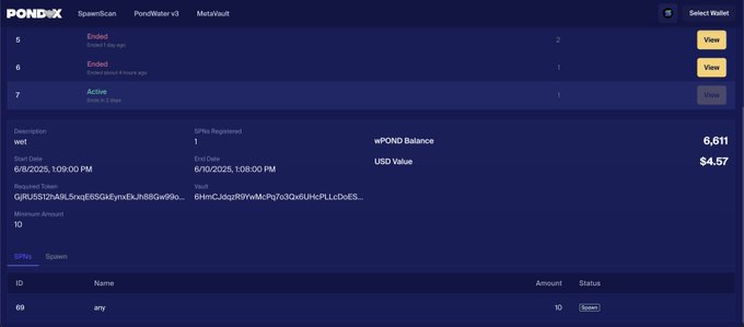 A screenshot of a Pondix interface showing a 'Spawn' contest with an entry requirement of 1 SPIN, 10 maximum amount, and a wPOND balance of 6,611.