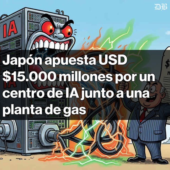 A Spanish-language news graphic featuring a cartoon of an angry 'IA' (AI) computer and a man in a suit, with text overlay reading 'Japón apuesta USD $15.000 millones por un centro de IA junto a una planta de gas'.