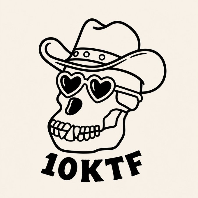 A black-and-white cartoon illustration of a skull wearing a cowboy hat and heart-shaped sunglasses with the text '1OKTF' below it.