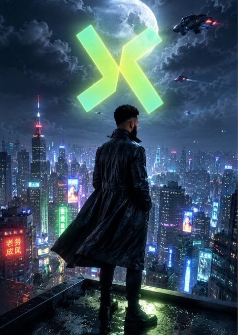 A man in a long dark coat stands on a rooftop overlooking a neon-lit futuristic cyberpunk city at night, with a large glowing green 'X' logo floating in the cloudy sky.