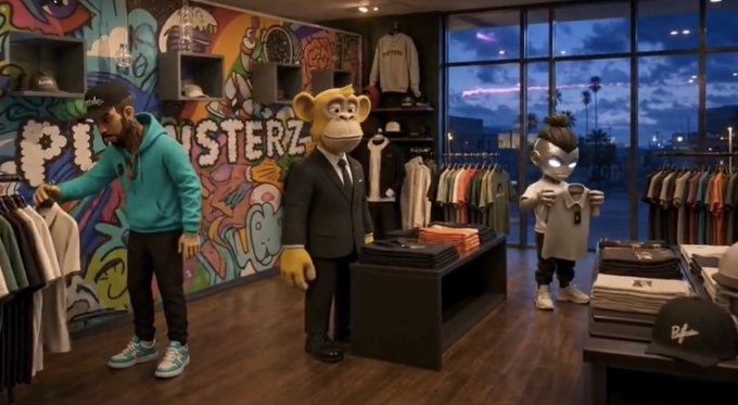 Inside a vibrant streetwear boutique with "Puffsterz" graffiti on the wall, a man in a teal hoodie browses clothing racks while a person in a golden monkey mascot suit dressed in a sharp suit and another figure in a futuristic helmet pose nearby, matching the playful, artsy vibe of the shop featured in the @PuffsterzInk post.