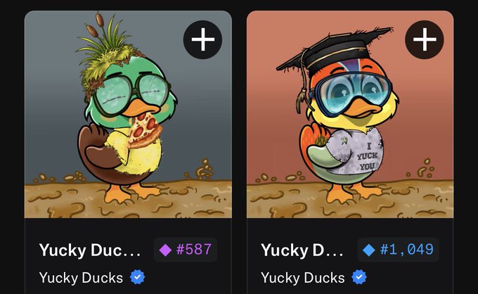 Two digital collectible "Yucky Ducks" NFT cards are displayed: #587, a green duck with a pineapple head eating pizza, and #1,049, a yellow duck wearing a graduation cap, goggles, and an "I ❤️ YUCK YOU!" shirt. Both feature the verified "Yucky Ducks" collection label, illustrating the birthday self-gift the user mentioned in their post.