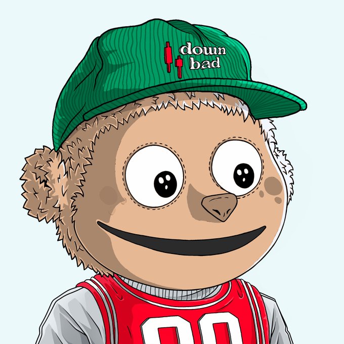 A cartoon character resembling a fuzzy bear or sloth wears a green 'down bad' cap with red candlestick symbols and a red basketball jersey with the number 00.