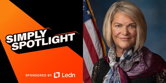 A 'SIMPLY SPOTLIGHT' graphic sponsored by Ledn, featuring a portrait of a blonde woman wearing a patterned scarf with an American flag in the background.