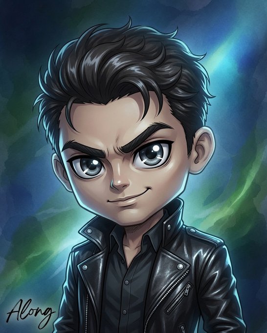 A chibi-style digital illustration features a young man with messy black hair, intense eyes, and a slight smirk, wearing a black leather jacket against a blue-green swirled background, signed "Along." The confident yet casual character embodies the post's message about overcoming laziness and building trust through consistency, as the figure's determined expression mirrors the challenge of maintaining new habits.