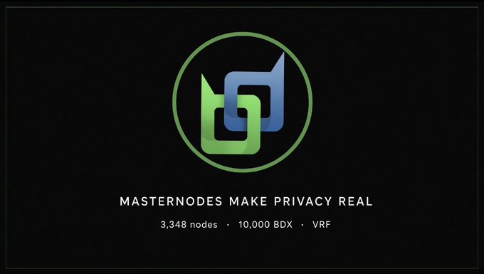 A black graphic featuring a green and blue logo with the text "MASTERNODEOS MAKE PRIVACY REAL" and "3,348 nodes · 10,000 BDX · VRF" below it.