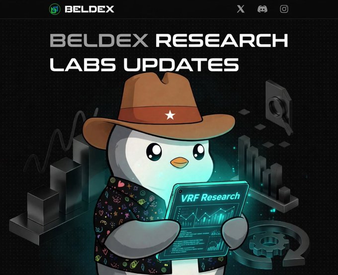 A promotional graphic for "BELDEX RESEARCH LABS UPDATES" featuring a cartoon penguin wearing a cowboy hat and colorful patterned shirt, holding a tablet labeled "VRF Research".