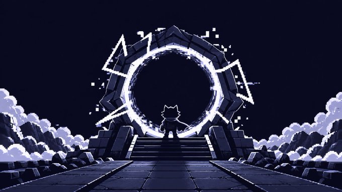 A pixel art scene shows a small silhouetted character with cat ears standing on stone steps before a glowing, rune-framed portal set within a ruined stone archway against a dark sky.