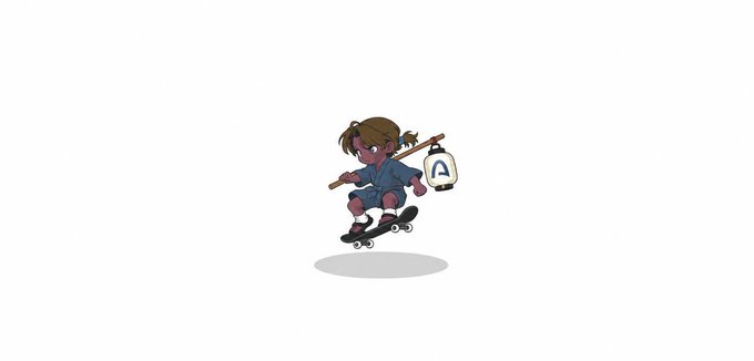 A cartoon-style illustration of a young girl with brown hair wearing a blue outfit, riding a skateboard while carrying a lantern marked with the letter 'A' on a stick over her shoulder, set against a plain light background.