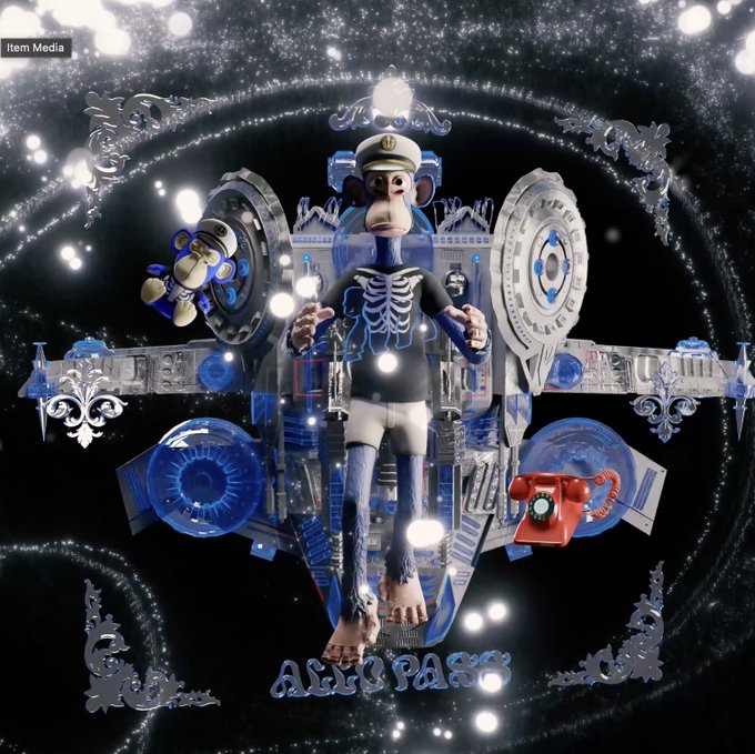 A surreal digital artwork featuring a skeletal monkey character wearing a captain's hat and shorts, surrounded by ornate metallic designs, blue circular elements, a red telephone, and the text 'ALLCAPS' against a starry space background.