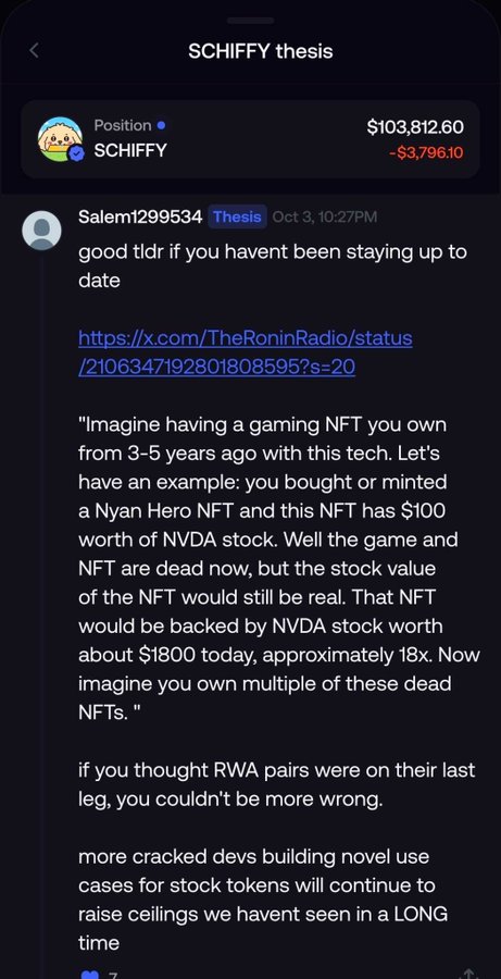 A Discord screenshot titled 'SCHIFFY thesis' showing a portfolio position at $103,812.60 (-$3,796.10) and a message from 'Salem1299534' discussing RWA pairs backed by NVDA stock and Nyan Hero NFTs.