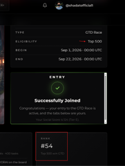 A dark-themed mobile app screen showing a user profile 'shadowflfish' with a stats table including 'PI FACILITY: Top 100' and 'BEGIN: Sep 1, 2024, 00:00 UTC', along with a 'Successfully Joined' entry confirmation and the number '#54'.