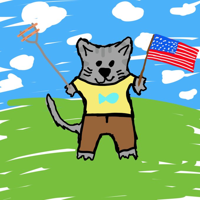 A cartoon drawing of a gray cat wearing a yellow shirt and brown pants, holding a pitchfork and an American flag against a blue sky background.