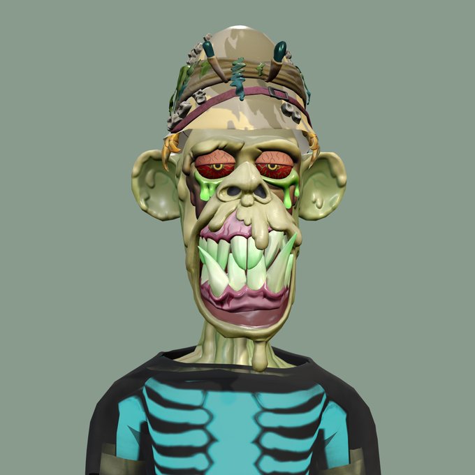 A 3D render of a grotesque zombie character wearing a camo hat, featuring green skin, red eyes, and large fangs, dressed in a teal shirt with a black skeleton ribcage design.
