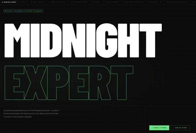 The image features a website called "Midnight Expert" that appears to be related to artificial intelligence or machine learning. The title of the website reads "Midnight Expert", which suggests that it might be an AI tool designed for developers who work with AI technologies, such as those used in blockchain development. The website also includes a green button on its right side, possibly indicating that users can click on this button to learn more about the tool or to access additional information.
