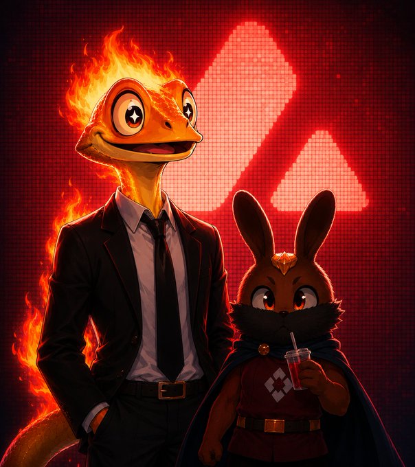 Two cartoon characters—a flame-headed chameleon in a sharp suit and a fierce bunny holding a red drink with a jewel on its forehead—stand before a pixelated red AVAX logo, visually tying the post's promotion of the BubbleBuns project on the Avalanche network to the fiery and bunny-themed branding, while the code "BB-FRDT" and website "bubblebuns.xyz" reflect the referral call-to-action.
