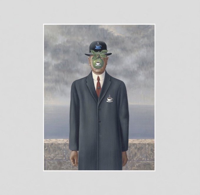 A surrealist painting of a man in a dark suit and bowler hat whose face is obscured by floating coffee cups and saucers with green leaves, reminiscent of René Magritte's style.