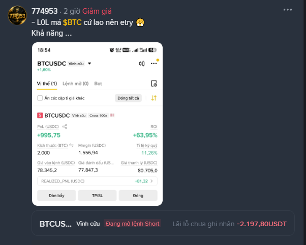 A Telegram post from '774953' showing a trading interface for BTCUSDC with a PNL of +995.75 USDC and an ROI of +63.95%, alongside Vietnamese text.