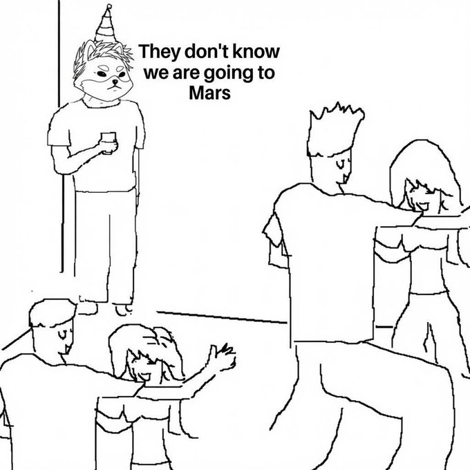A line drawing shows a person wearing a cat mask and party hat standing apart from a group of partygoers, with text reading "They don't know we are going to Mars."