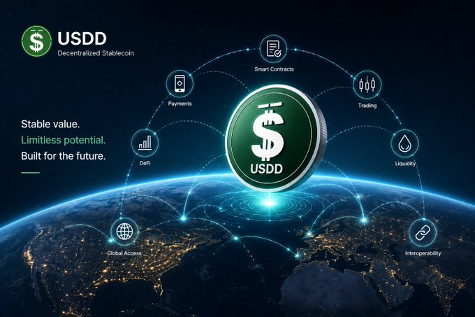 Promotional graphic for USDD, a 'Decentralized Stablecoin,' highlighting its features including Smart Contracts, Payments, Trading, Liquidity, DeFi, Global Access, and Interoperability.
