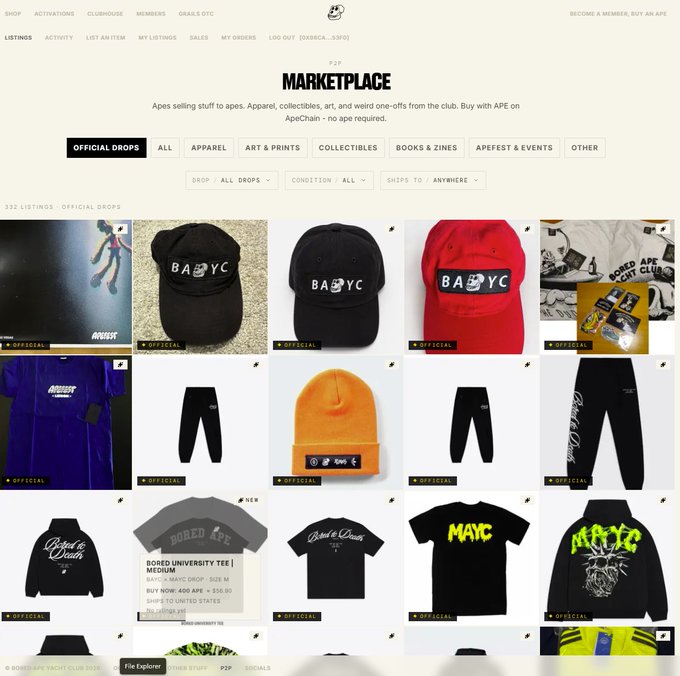 The image shows an online store page featuring various clothing items, including t-shirts, hats, and pants. The clothes are displayed in different sizes and styles for sale. The website also offers a marketplace where users can buy and sell these items. The store has a user-friendly interface with clear navigation and a clean layout that makes it easy to browse through the available products.