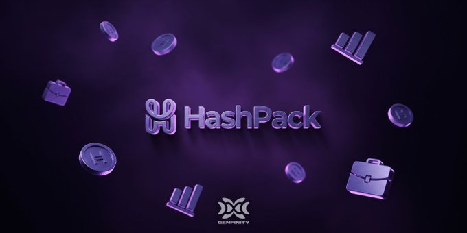 A 3D graphic displaying the 'HashPack' logo in purple tones, surrounded by floating icons of coins, briefcases, and server racks against a dark background, with the 'GENFINITY' logo at the bottom.