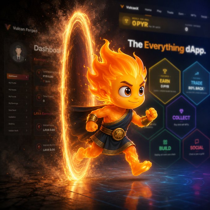 A promotional graphic for 'Vulcan Forged' dApp featuring a fiery, cartoonish humanoid character surrounded by flames, with text reading 'The Everything dApp.' and 'OPYR'.