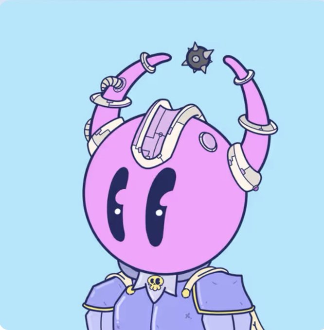 Digital illustration of a pink, round cartoon character with a skull collar and antennae, looking up at a spiked ball hovering between its horns against a light blue background.