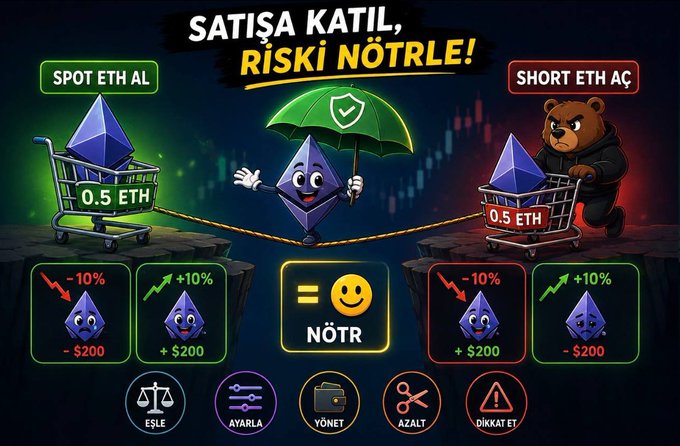 An educational graphic in Turkish titled 'SATIŞA KATIL, RİSKİ NÖTRLE!' explaining how to neutralize risk by comparing 'SPOT ETH AL' and 'SHORT ETH AÇ' with 0.5 ETH, showing how profits and losses cancel out to achieve 'NÖTR' (neutral).