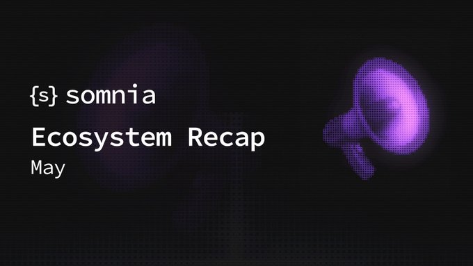 The image shows a purple megaphone with the text "May was another big month for Somnia and our ecosystem recap" written above it, along with a list of numbers. This suggests that there might have been an event or promotion related to the ecosystem in May. The numbers could represent the number of likes, shares, or followers gained by the post during that time period.