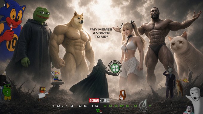A dramatic meme-style poster featuring muscular figures (including Pepe, Doge, and a cat) surrounding a woman, with the text 'MY MEMES ANSWER TO ME,' '4CHAN STUDIOS,' and '12.18.26 is doomsday.'