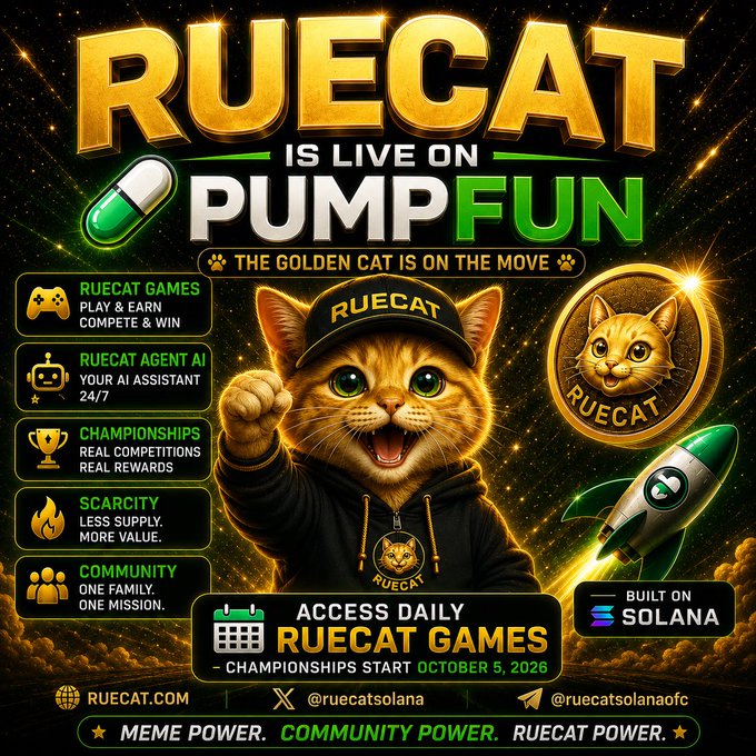 The image is a promotional graphic for the $RUECAT cryptocurrency, announcing it is now live on Pump.fun, featuring a fierce orange cat mascot wearing a "RUECAT" cap and hoodie alongside a gold coin with the cat's face. The ad highlights key features like "RUECAT Games" with championships starting October 5, 2026, built on Solana, and includes social handles (@ruecatsolana, @ruecatsolanaofc) and the website ruecat.com.

The image directly supports the accompanying post by visually announcing the $RUECAT Pump.fun launch and promoting community engagement through daily games and live updates.
