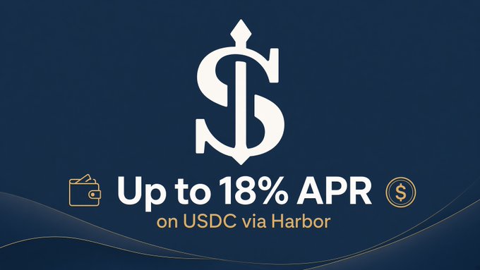 A promotional graphic on a dark blue background features a stylized 'S' logo and text reading 'Up to 18% APR on USDC via Harbor'.