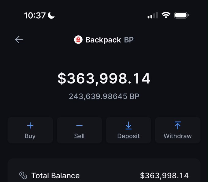 Backpack BP wallet showing a balance of $363,998.14 (243,639.98645 BP) with Buy, Sell, Deposit, and Withdraw options.