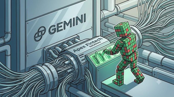 A cartoon illustration of a green pixelated robot interacting with a 'GEMINI' and 'Apex Fintech Solutions' server rack.
