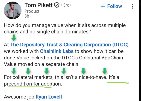 LinkedIn post by Tom Pikett discussing cross-chain value management at The Depository Trust & Clearing Corporation (DTCC) in collaboration with Chainlink Labs for collateral markets.