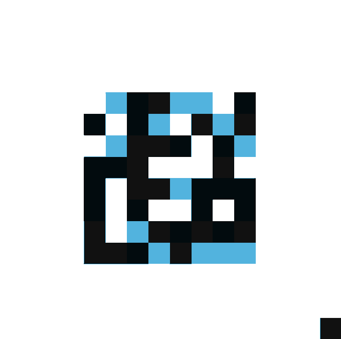 A pixelated, abstract digital pattern composed of black, white, and light blue squares arranged in an irregular block design against a white background.