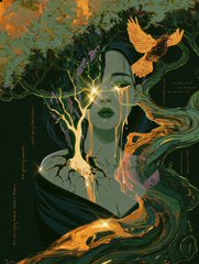 A surreal dark artwork featuring a stylized face with glowing yellow eyes emerging from a tree with roots, set against a deep green background with a small orange bird.