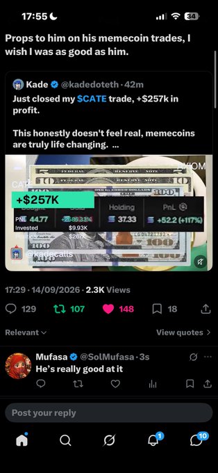 Another social media screenshot featuring Kade's tweet announcing closing his $CATE trade for +$257K profit, with overlay text 'Props to him on his memecoin trades, I wish I was as good as him.'