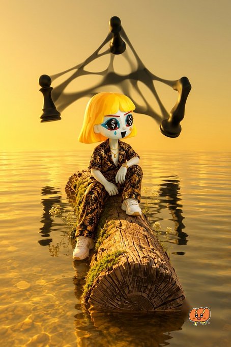 A 3D-rendered figure with blonde hair and dollar-sign eyes sits on a log in water at sunset, with a large chess piece floating overhead.