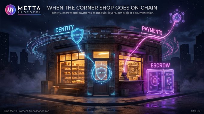 A promotional image for 'METTA PROTOCOL' with text 'Identity, escrow and payments as modular layers, per project documentation' and 'WHEN THE CORNER SHOP GOES ON-CHAIN', showing a corner shop with neon 'IDENTITY', 'PAYMENTS', and 'ESCROW' labels.