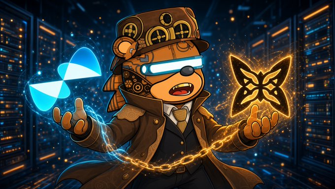 A steampunk-style bear character with glowing blue goggles holds a glowing blue crypto coin in one hand and a golden butterfly-shaped token in the other against a futuristic server room background.