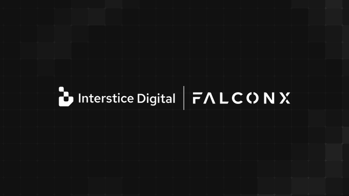 The image displays the logos of Interstice Digital and FalconX against a dark checkered background, representing the partnership between the two companies that built a non-custodial swap engine connecting the Canton network with Robinhood Chain, Solana, and Ethereum to bridge institutional and retail digital asset liquidity.