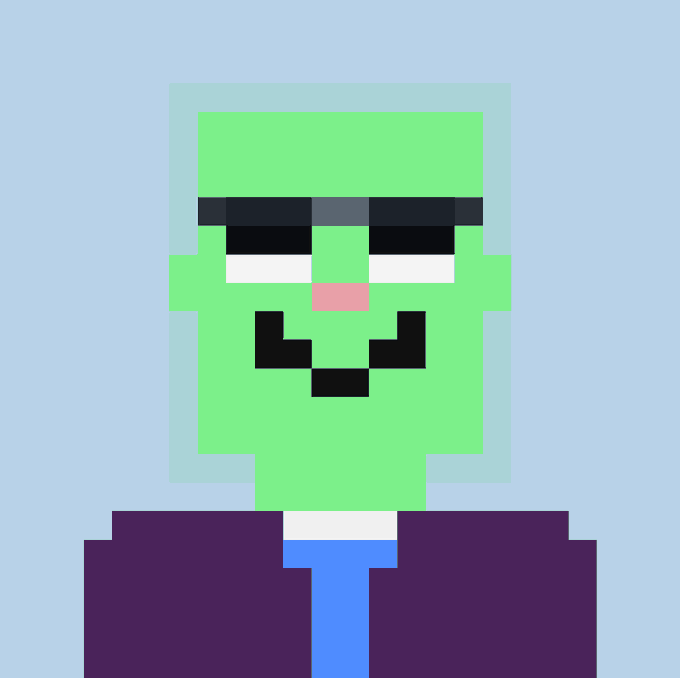 A pixel art style image features a green blocky face resembling a feline character with dark eyebrows, white eyes, a pink nose, and a black smile, set against a light blue background and wearing a purple suit with a white collar and blue tie. The image relates to the post about an NFT purchase, likely showcasing the artwork that was bought for nearly $20,000 during what the poster calls the return of "NFT season."