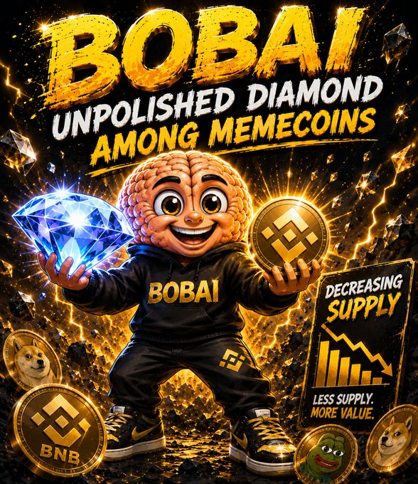 Promotional artwork titled 'BOBAII UNPOLISHED DIAMOND AMONG MEMECOINS' featuring a brain character in a BOBAII hoodie holding a diamond and a BNB coin, with a 'Decreasing Supply' chart.