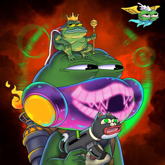 A dark, surreal digital illustration of a large green frog-like creature wearing a mechanical headset, with a smaller crowned frog on top holding a scepter, and a black cat character at the bottom.