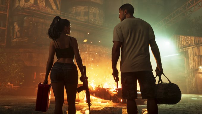 Two video game characters, a woman with a red gas can and rifle and a man with a duffel bag, stand facing a burning car on a nighttime street.