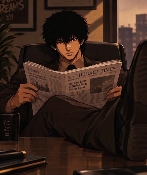 An anime-style illustration of a dark-haired man in a suit reading a newspaper titled 'THE DAILY TIMES' with the headline 'Markets Rally as Global Tech Shares Climb', sitting with his feet up in a dimly lit room.