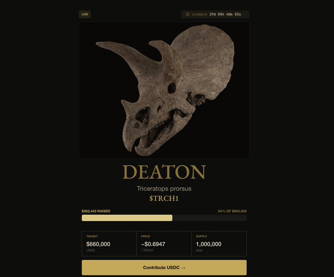 A fundraising webpage displays a Triceratops prorsus skull fossil labeled "DEATON," with $382,443 raised toward a $660,000 target, showing token price (~$0.6947) and supply (1,000,000).